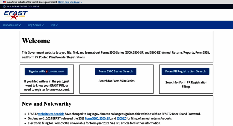 Access Efast.dol.gov. EFAST2 Filing - Welcome