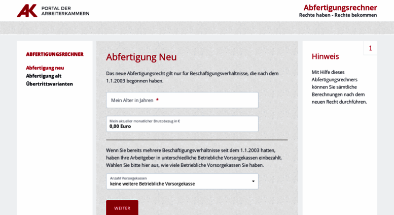 Access abfertigung.arbeiterkammer.at. Abfertigungsrechner ...