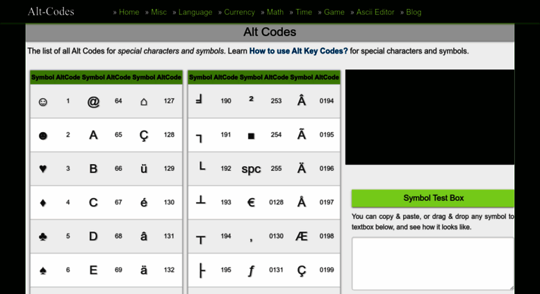 Access alt-codes.net. Alt Codes List of Alt Key Codes Symbols