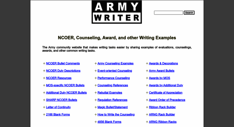 Access armywriter.com. ArmyWriter.com Index