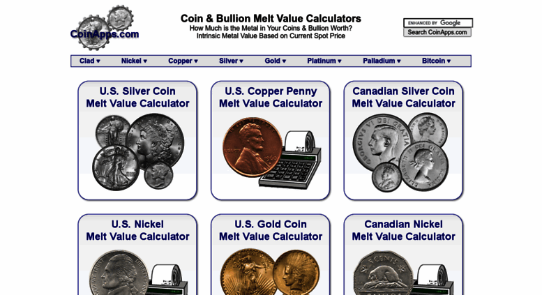 Access Coinapps.com. Coin & Bullion Melt Value Calculators