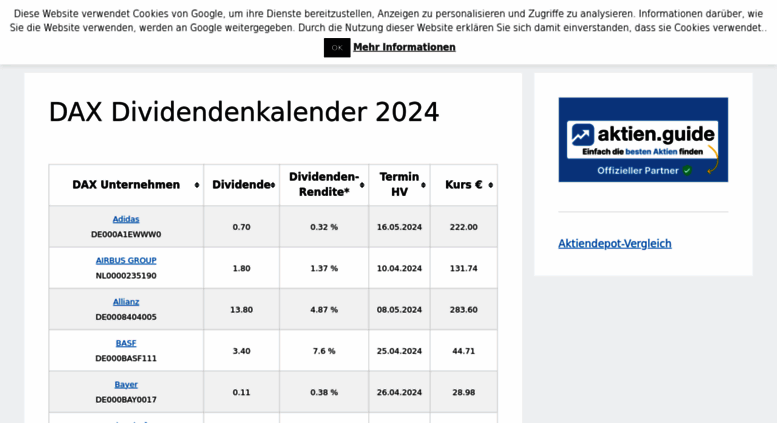 Access Dividenden Kalender Com Dividendenkalender Dax Dividendenrenditen