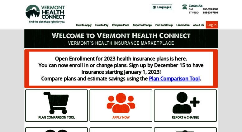 Access Healthconnect.vermont.gov. VHC Landing Page