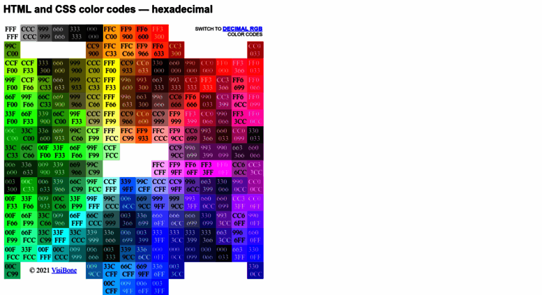 Web Color Chart Codes