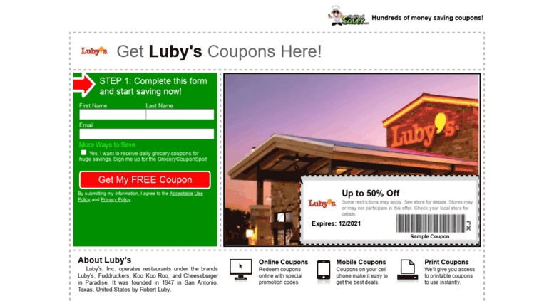 Access lubys.fastfoodsaver.com. Luby's Coupons