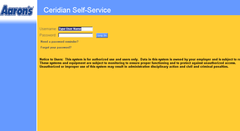 Access selfservice2.aarons.com. Login - Ceridian Self-Service
