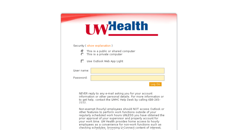Access webmail.uwhealth.org. Outlook Web App